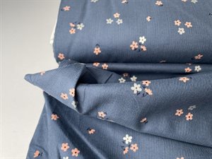 Fastvævet - smalriflet babyfløjl i blå med blomster